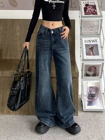 MQTIME  -  Vintage Blue Jeans Women Streetwear Casual Baggy Pants Wide Leg Korean Fashion Basic Denim Trousers High Street